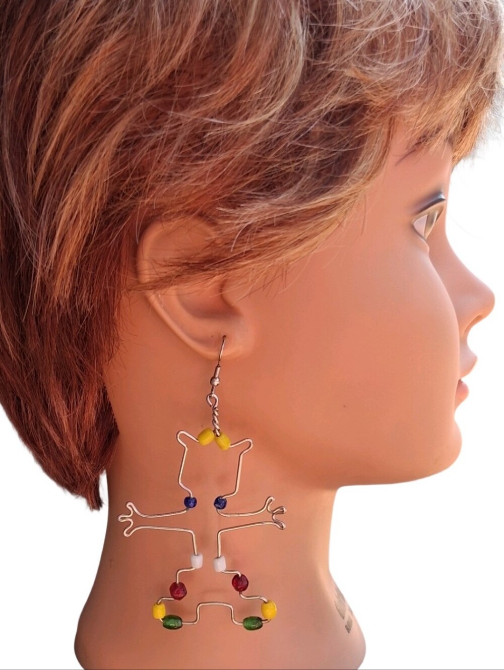 Vintage Wire Frame Cat Dangle Earrings Colorful Glass Seed Bead Wire Sculptured
